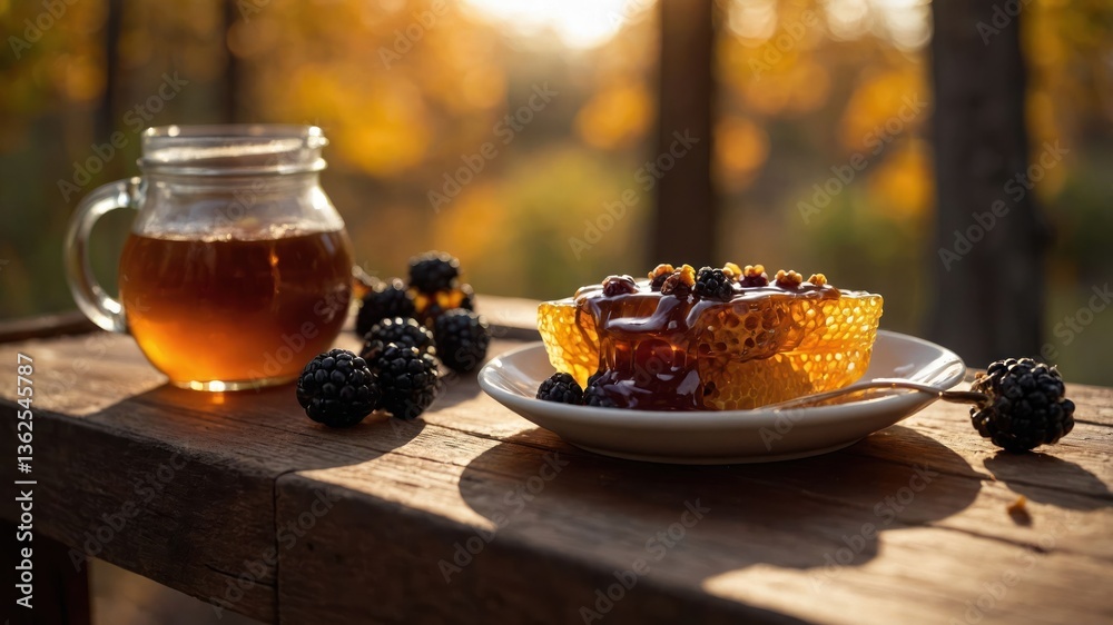 A serene outdoor setting featuring honey, blackberries, and tea in warm sunlight. A serene outdoor setting featuring honey, blackberries, and tea in warm sunlight.