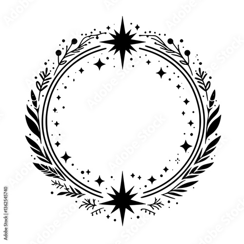 Celestial Foliage Frame: A minimalist, black and white illustration of a circular wreath, adorned with stars, leaves, and berries, for a mystical, decorative design element.