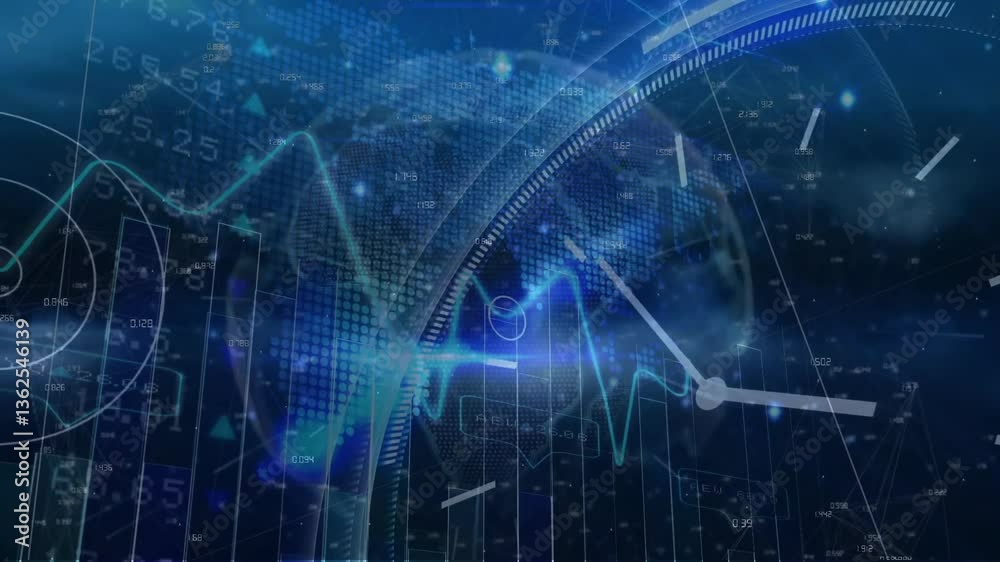 Animation of financial data and clock overlay on digital blue background Animation of financial data and clock overlay on digital blue background