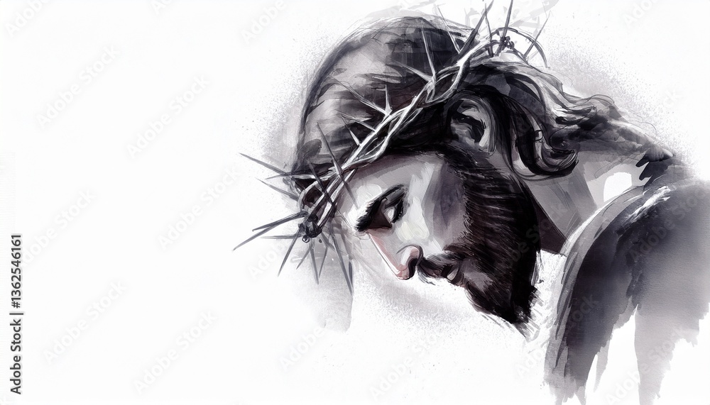 Fototapeta premium Retrato de Jesucristo con corona de espinas sobre fondo blanco.