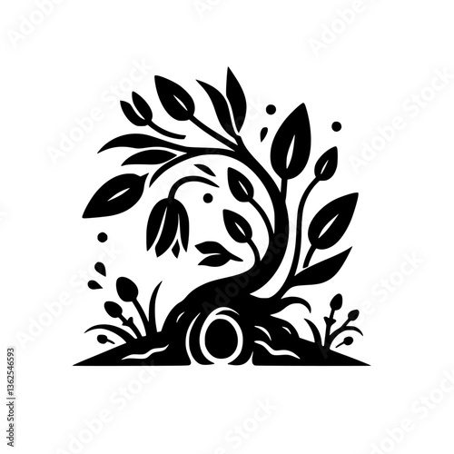 A stylized, symmetrical black and white illustration of a vibrant tree with leaves and flowers, emanating from a simple ground base, set against a clean, bright background.