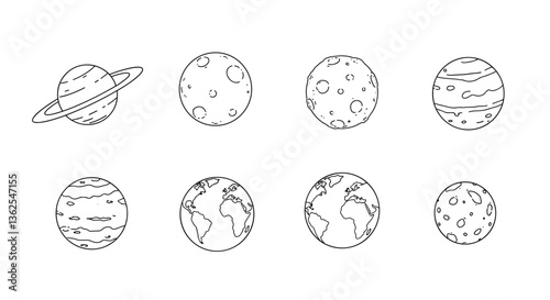 Line art illustrations of planets and moons. white background                          
