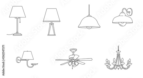 Line art illustrations of various lamps and lighting fixtures. white background                          
