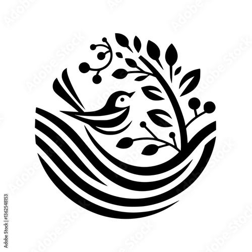 Serene Black and White Illustration: A Bird Taking Flight Within a Stylized Tree & Wave Composition, Evoking Nature's Harmony.