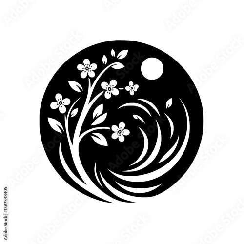 Elegant black and white circular design featuring a stylized blossoming branch, swirling floral accents, and a moon.