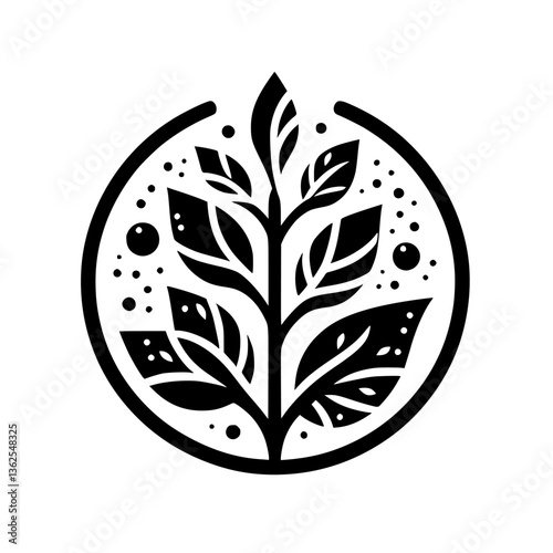 Minimalist Black and White Circular Illustration:  A stylized tree with leaves, enclosed within a black circle and dotted accents, representing growth.