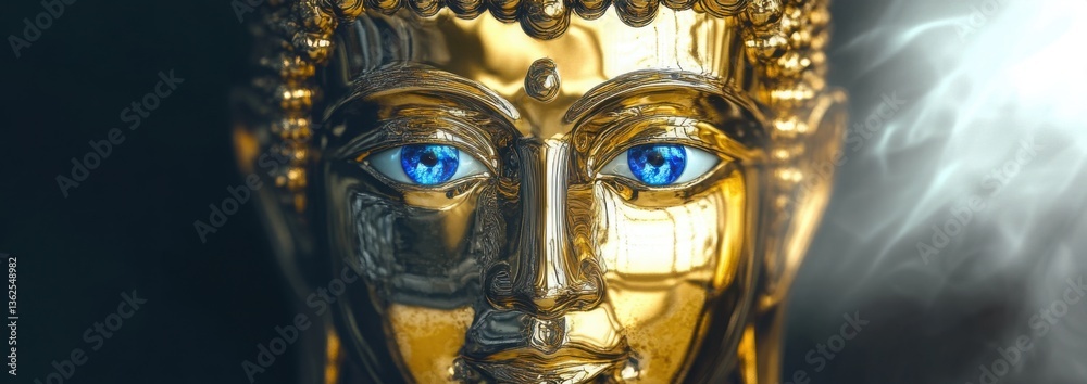 Obraz premium Gold Buddha Statue Close-Up with Bright Blue Eyes and Shiny Chrome Finish