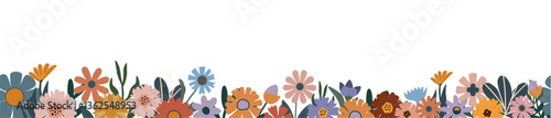 A colorful flower border with a white background. The flowers are of various colors and sizes, and they are arranged in way that creates a sense of depth and movement. Scene is cheerful and uplifting