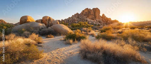 Sunset over desert landscape with boulders and shrubs.