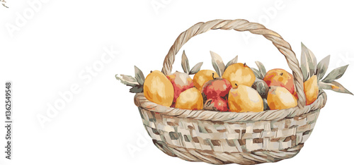 A rustic wicker basket brimming with freshly harvested vegetables on white background.