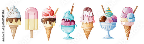 A set of ice cream cones and bowls with different flavors and toppings. The image has a playful and colorful mood, with the ice cream cones and bowls arranged in a visually appealing way