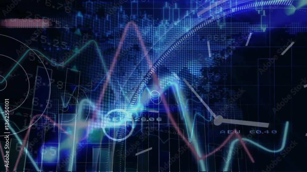 Intertwining digital clock and data graphs with blue animation technology patterns Intertwining digital clock and data graphs with blue animation technology patterns