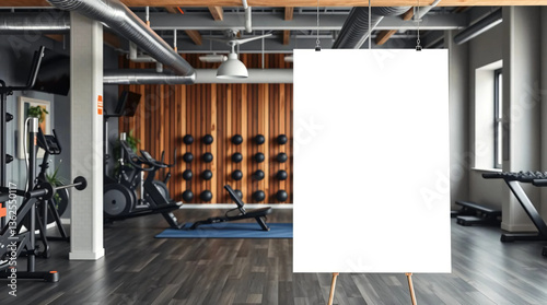 White mock up poster in modern gym 