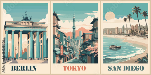 Set of travel destination posters in retro style. Berlin, Tokyo, San Diego landscape prints. Vector art illustrations