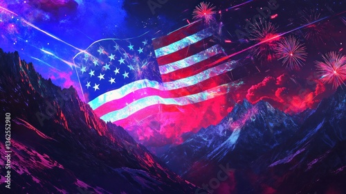 Patriotism, fireworks, mountains, digital art, celebration