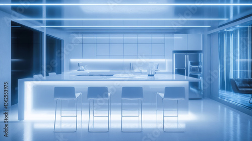 A modern kitchen island with White nuance and white chairs, sleek design, minimalist style