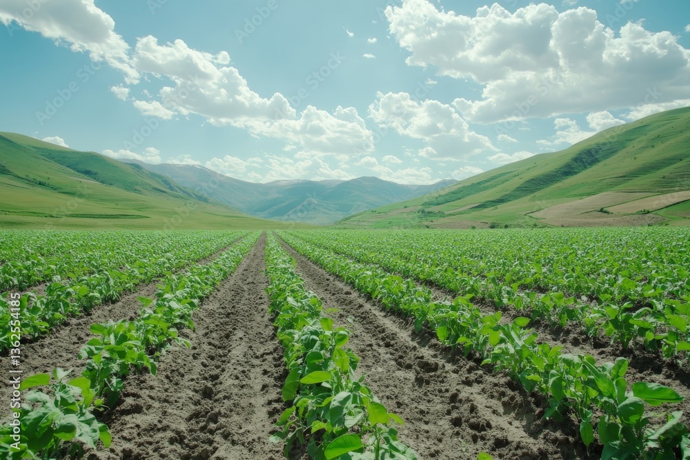 Obraz premium Green fields stretch across the valley under a bright blue sky with fluffy clouds during the day in a rural landscape