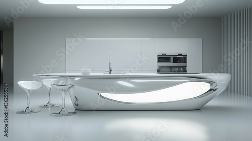 A modern kitchen island with White nuance and white chairs, sleek design, minimalist style