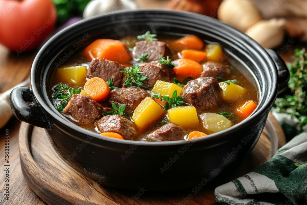 Hearty beef stew simmering with fresh vegetables on a wooden table during a cozy evening Hearty beef stew simmering with fresh vegetables on a wooden table during a cozy evening