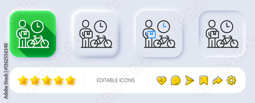 Bike courier line icon. Neumorphic, Flat shadow, 3d buttons. Delivery bicycle sign. Fast city transport symbol. Line bike courier icon. Social media icons. Vector