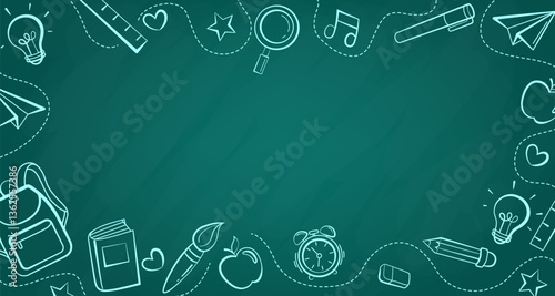 Back to school in chalk doodle style on blackboard. School temple poster background