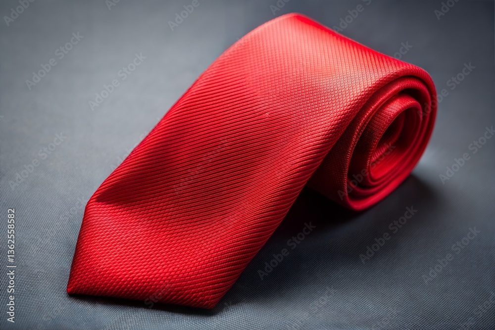 Luxurious Crimson Tie Elegantly Rolled on a Sophisticated Gray Textured Surface Luxurious Crimson Tie Elegantly Rolled on a Sophisticated Gray Textured Surface