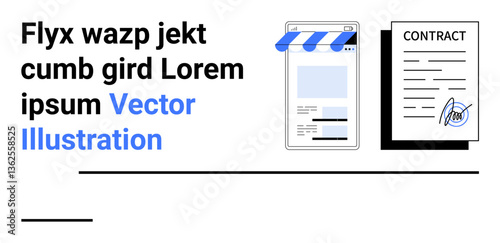 Mobile storefront with striped awning next to signed contract document. Ideal for e-commerce, digital agreements, online services, contracts, business deals, e-signatures, simple landing page