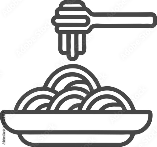 Italian pasta on fork and plate. Farfalle, conchiglie, penne, fusilli, spaghetti. Vector vintage black illustration isolated on white background. Engraving style.