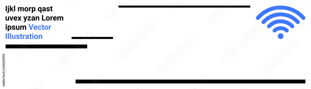 Blue wireless connection symbol alongside black text placeholders and horizontal lines conveying digital communication. Ideal for technology, connectivity, minimalism, networking, modern UI Blue wireless connection symbol alongside black text placeholders and horizontal lines conveying digital communication. Ideal for technology, connectivity, minimalism, networking, modern UI