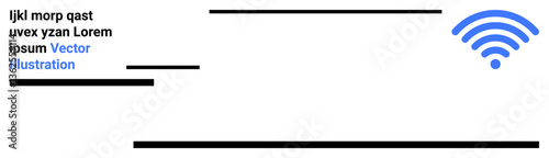Blue wireless connection symbol alongside black text placeholders and horizontal lines conveying digital communication. Ideal for technology, connectivity, minimalism, networking, modern UI