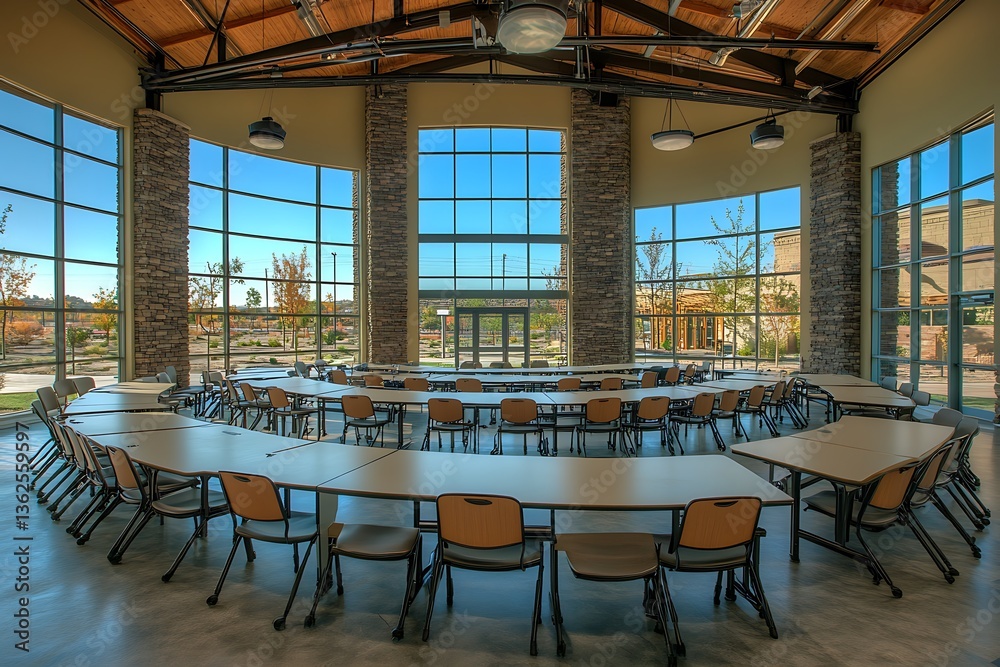 Fototapeta premium Large open room with tables and chairs near large windows