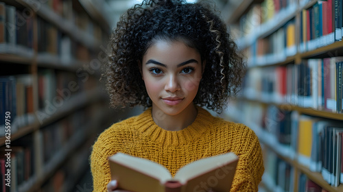 Girl with curls, reading in the library, yellow sweater Books on shelves, focus on the subject