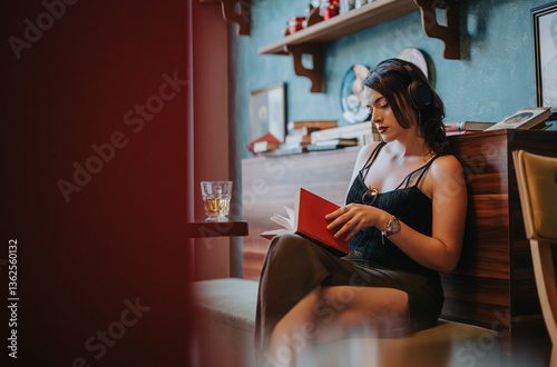 A woman relaxes with headphones and a book in a cozy cafe setting, surrounded by shelves and decor, enjoying a quiet moment.
