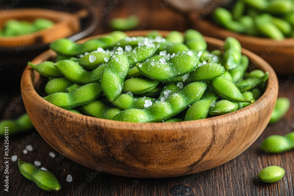Freshly prepared edamame served in a wooden bowl with sea salt in a warm setting enjoying a healthy snack Freshly prepared edamame served in a wooden bowl with sea salt in a warm setting enjoying a healthy snack