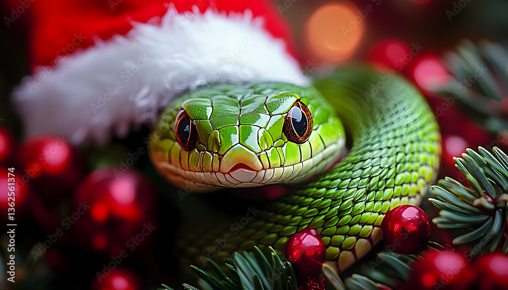 Fototapeta premium Green snake coiled in Christmas decor wearing Santa hat, bokeh background