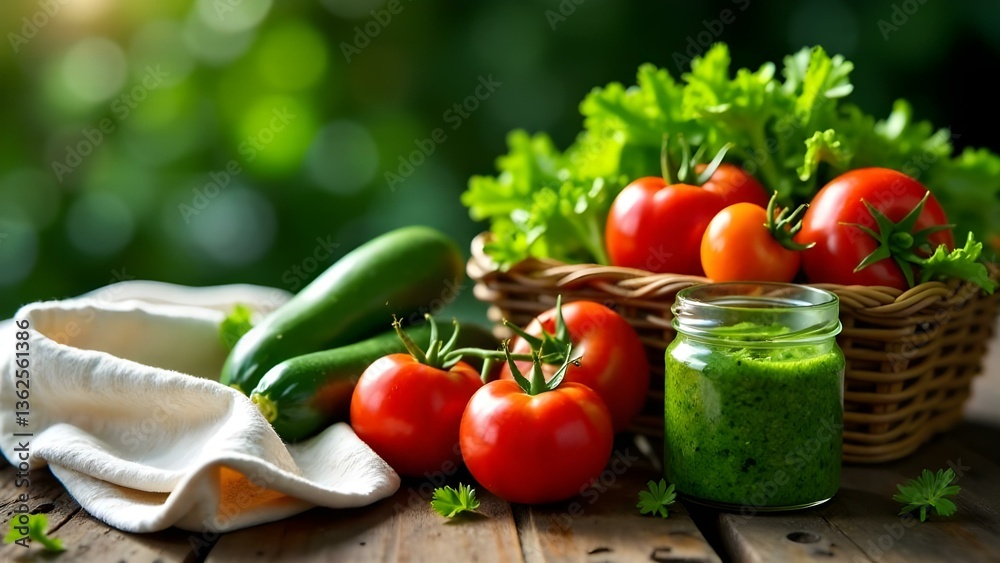 Organic Fresh Vegetables with Green Sauce on Rustic Table Organic Fresh Vegetables with Green Sauce on Rustic Table
