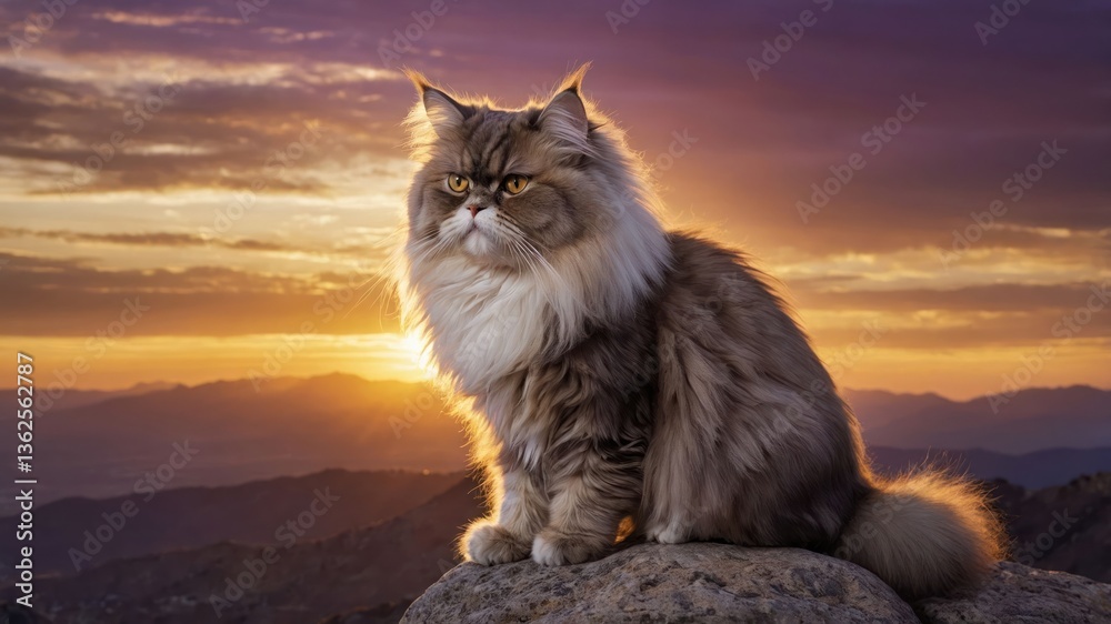 Fototapeta premium A majestic cat sitting on a rock during a stunning sunset.