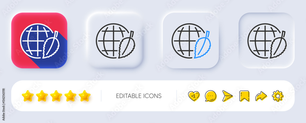 Globe with leaf line icon. Neumorphic, Flat shadow, 3d buttons. World sign. Environment day symbol. Line environment day icon. Social media icons. Vector Globe with leaf line icon. Neumorphic, Flat shadow, 3d buttons. World sign. Environment day symbol. Line environment day icon. Social media icons. Vector