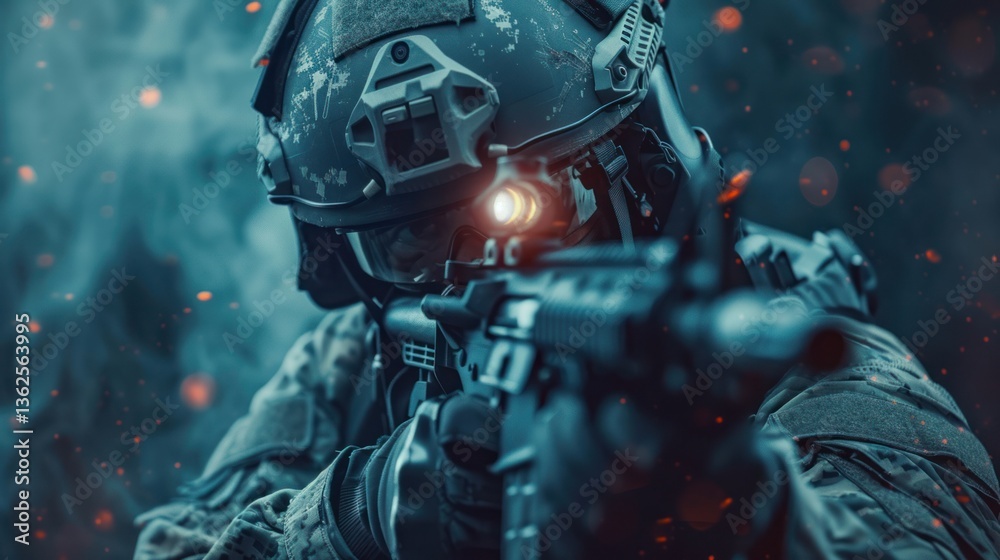 Portrait advanced future soldier wearing helmet, holding a gun ready to shoot. AI generated image Portrait advanced future soldier wearing helmet, holding a gun ready to shoot. AI generated image