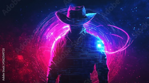 Cyberpunk Cowboy Silhouette, Neon Background, Digital Art, Game Design