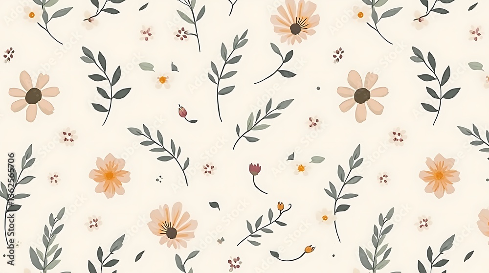 Obraz premium nature-inspired_seamless_pattern_with_elegant_flowers_soft_leaves_and_organic_shapes