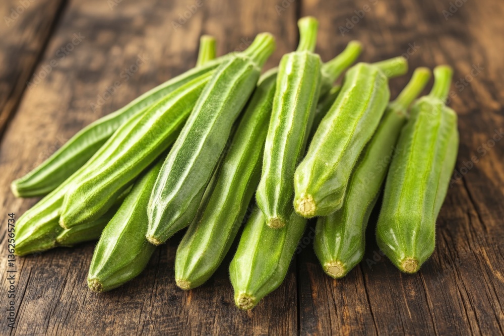 Fresh okra pods arranged on a rustic wooden surface, showcasing their vibrant green color and unique shape Fresh okra pods arranged on a rustic wooden surface, showcasing their vibrant green color and unique shape