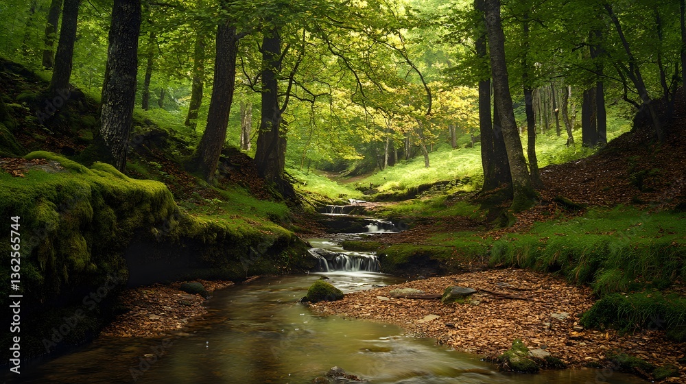 Serene forest stream, vibrant green foliage enveloping tranquil waterway, nature's calm perfect for relaxation and reflection. Serene forest stream, vibrant green foliage enveloping tranquil waterway, nature's calm perfect for relaxation and reflection.