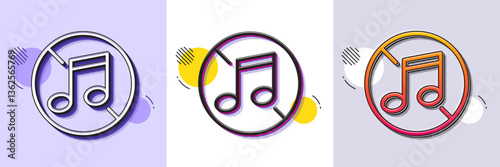 No music line icon. Halftone dotted pattern. Gradient icon with grain shadow. Musical note sign. Mute audio sound symbol. Line no music icon. Various designs. Vector
