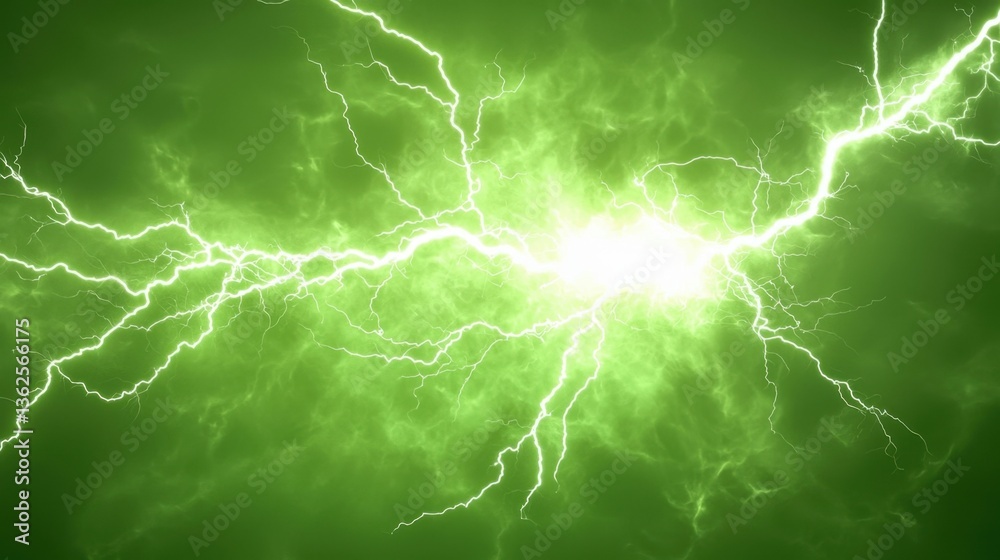 Fototapeta premium Thunderstorm lightning strike isolated on a green screen, glowing with intense electric energy.
