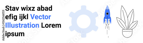 Gear symbol with blue rocket launching upward beside a simple plant pot. Ideal for innovation, technology, growth, startup, creativity, progress, and minimalism. Flat landing page banner