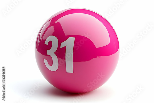 Glossy pink sphere with the number 31 in white centered on a white background