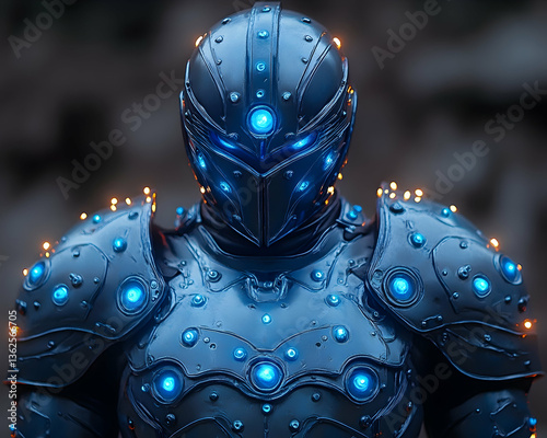 Glowing blue armor Details knight-like futuristic suit