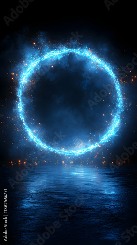 Glowing blue circle hovers above a reflective surface on black background, with particles