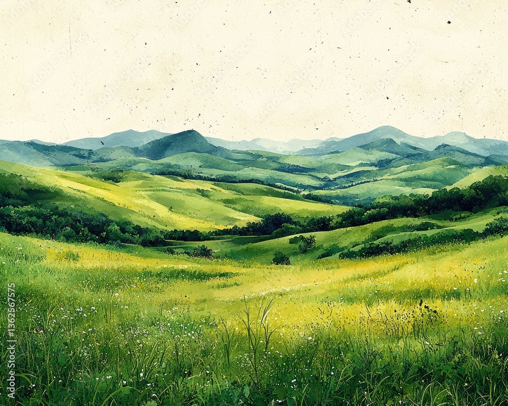 Fototapeta premium Lush Green Rolling Hills Under a Bright Sky with Vibrant Nature in View